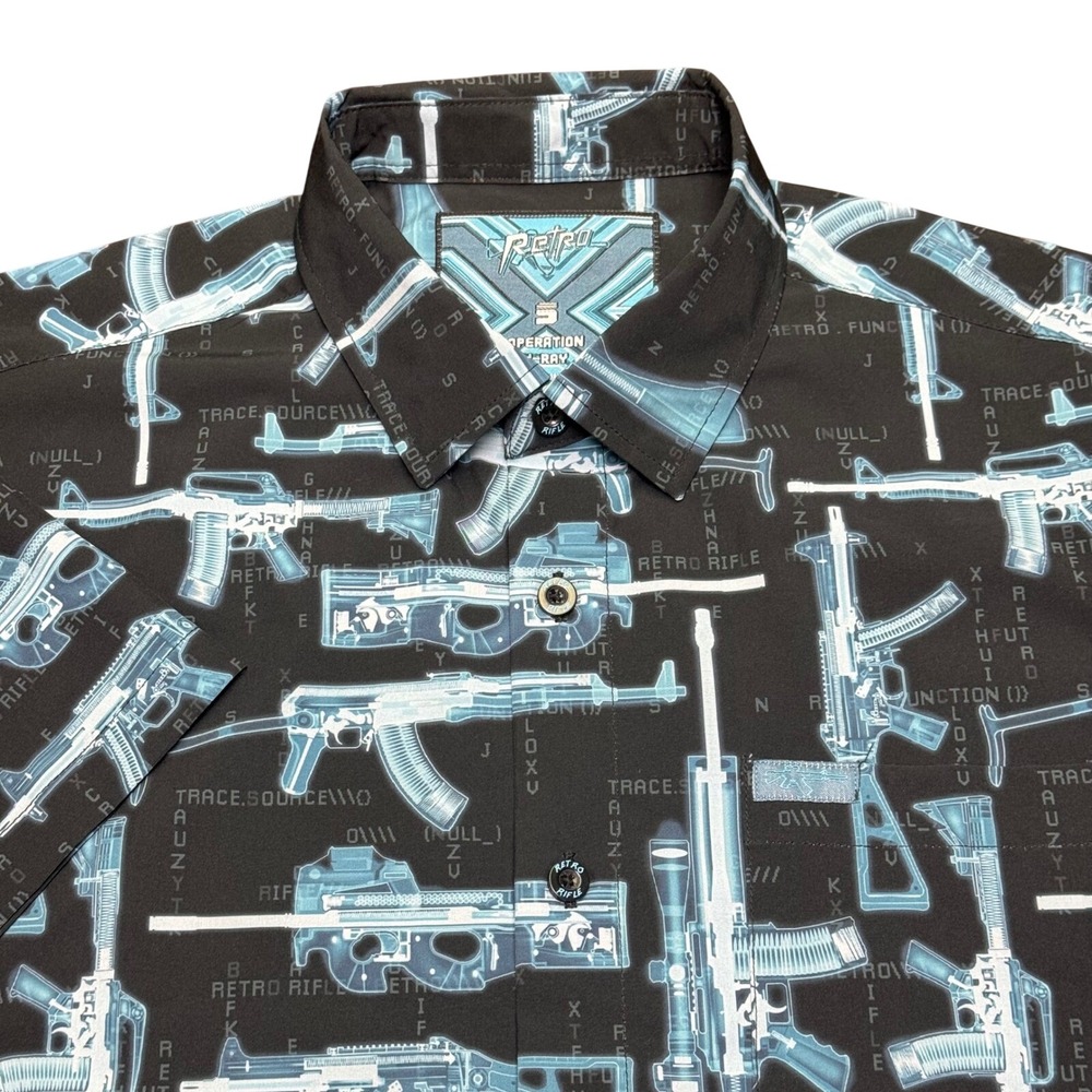 Retro Rifle Button Down Mens Small Black Operation‎ X-Ray Gun Blueprint Shirt